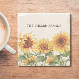 黄色モノグラムの素朴ひまわり園 ストーンコースター