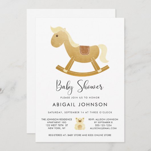 黄色ユニセックス金ゴールドレトロ揺動馬ベビーシャワー 招待状 (正面/裏面)