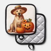 黄色ラブラドール子犬かぼちゃで帽子をかぶった帽子 鍋敷き (正面/裏面)