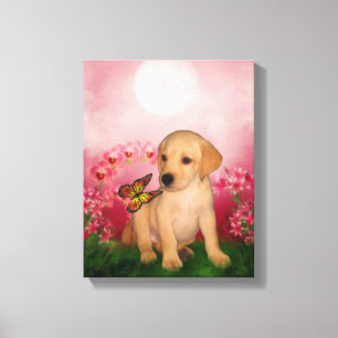 黄色ラブラドール子犬バタフライフラワーズドッグアート キャンバスプリント