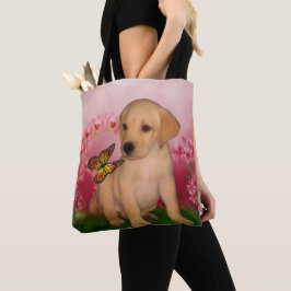 黄色ラブラドール子犬バタフライフラワーズドッグアート トートバッグ