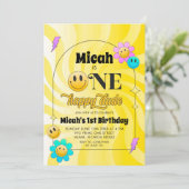 黄色レトロ ワンハッピー デュード 誕生日招待状 招待状 (スタンド正面)