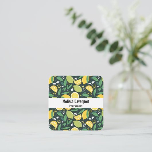 黄色レモンと緑のライムフルーツフードパターン スクエア名刺 (スタンド正面)