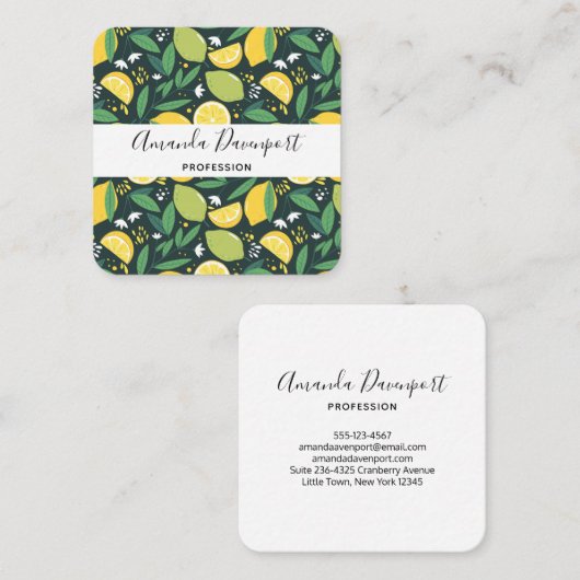 黄色レモンと緑のライムフルーツフードパターン スクエア名刺 (正面/裏面)