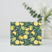 黄色レモンと緑のライムフルーツフードパターン ポストカード (スタンド正面)