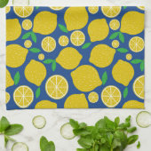 黄色レモンパターン（青） キッチンタオル (折り畳み)