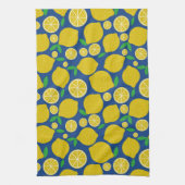 黄色レモンパターン（青） キッチンタオル (縦)