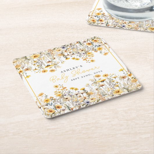 黄色ワイルドフラワーボホ水色ベビーシャワー スクエアペーパーコースター (アングル)