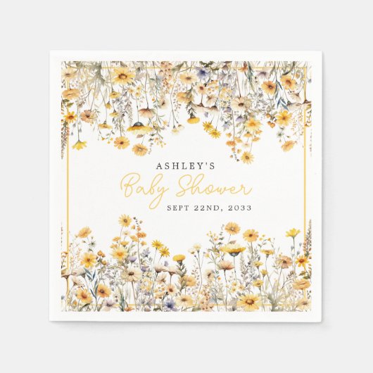 黄色ワイルドフラワーボホ水色ベビーシャワー スタンダードカクテルナプキン (正面)