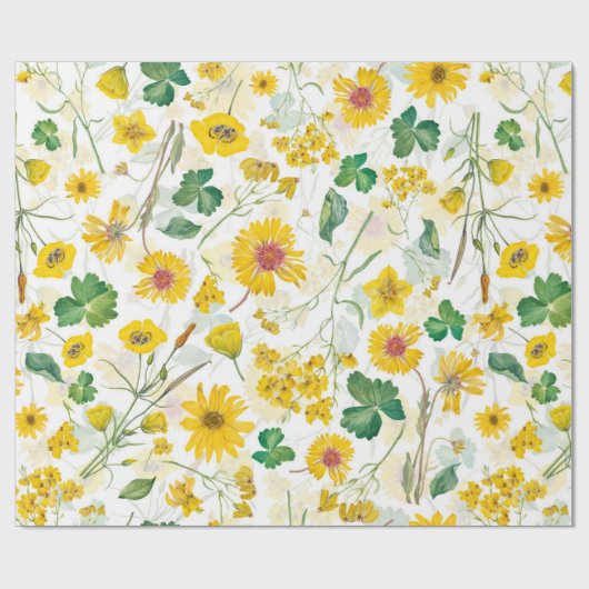 黄色ヴィンテージWIldflower草原 ラッピングペーパー (フラット)