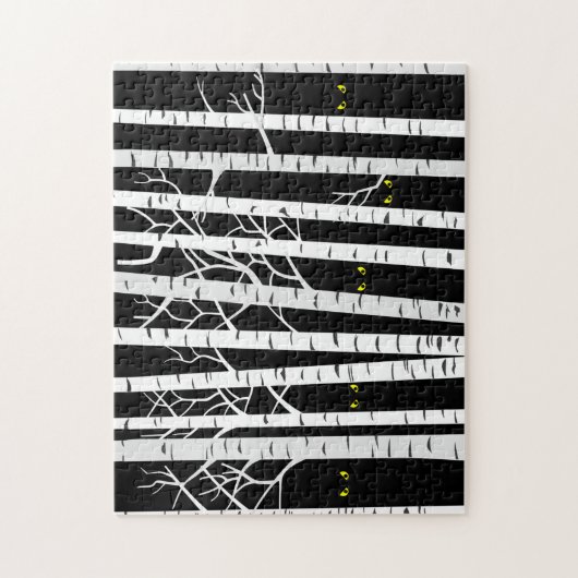 黄色不気味ハロウィーンの目の樺の木林 ジグソーパズル (縦)