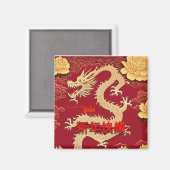 黄色中国のドラゴン2024年の新年Peonie Sm マグネット (正面/裏面)