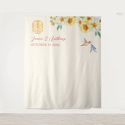 黄色中国の結婚のフローラ鳥の写真の背景 タペストリー (正面)