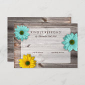 黄色及びティール（緑がかった色）のデイジーRSVPが付いている素朴な国の納屋 出欠カード (正面/裏面)