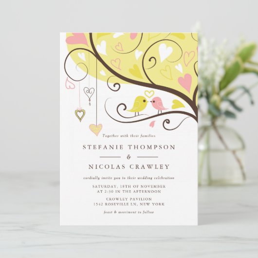 黄色及びピンクお洒落のロバ結婚バード 招待状 (スタンド正面)
