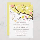 黄色及びピンクお洒落のロバ結婚バード 招待状 (正面/裏面)