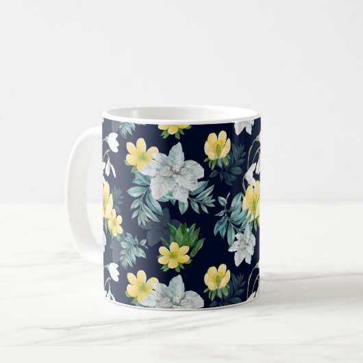 黄色及び灰色の花柄 コーヒーマグカップ (正面左)