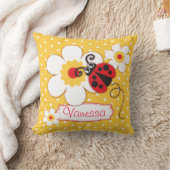 黄色及び赤い女の子のてんとう虫の名前の水玉模様の枕 クッション (ブランケット)