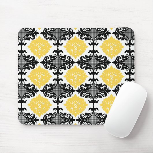 黄色及び黒いダマスク織の花のガーリーな花模様 マウスパッド (マウス)