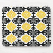 黄色及び黒いダマスク織の花のガーリーな花模様 マウスパッド (正面)