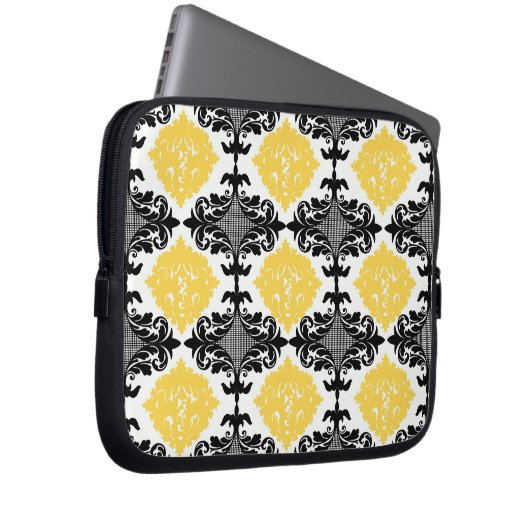 黄色及び黒いダマスク織の花のガーリーな花模様 ラップトップスリーブ (正面右)
