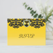 黄色及び黒く華美なハートの吊り下げ式の結婚式 出欠カード (スタンド正面)