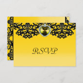 黄色及び黒く華美なハートの吊り下げ式の結婚式 出欠カード (正面/裏面)