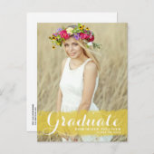 黄色名門私立校風のの水色オーバーレイ写真卒業 案内ポストカード (正面/裏面)