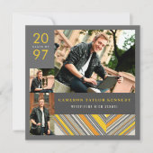 黄色名門私立校風のピンストライプ写真卒業パーティー 招待状 (正面)