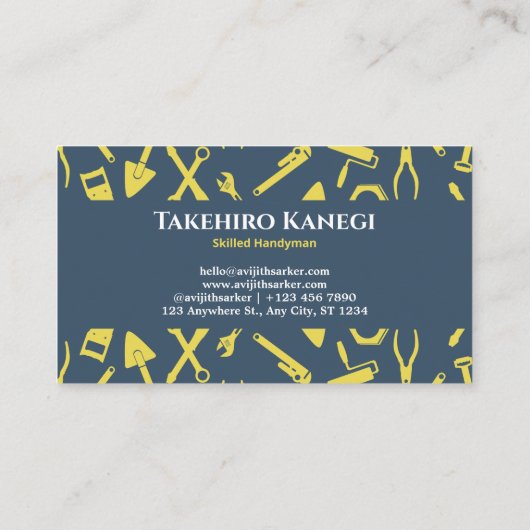黄色図解入りの、写真付きの工具施カスタム工 名刺 (裏面)