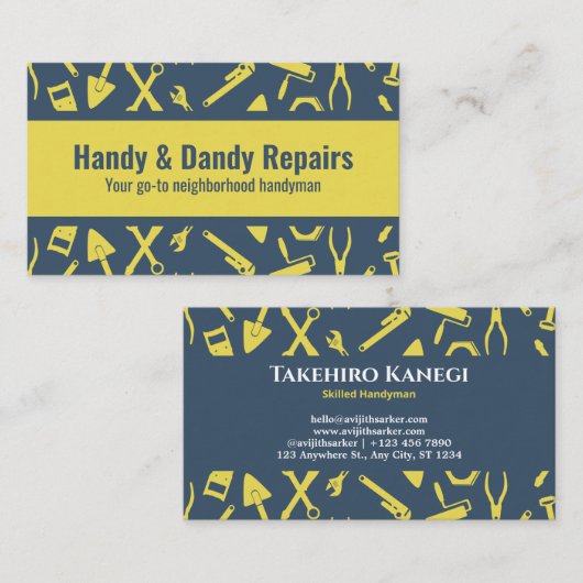 黄色図解入りの、写真付きの工具施カスタム工 名刺 (正面/裏面)