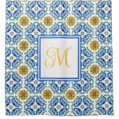 黄色地中海のブルーモノグラム シャワーカーテン (正面)