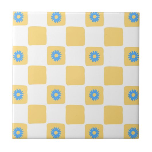 黄色市松模様に白青 タイル (正面)