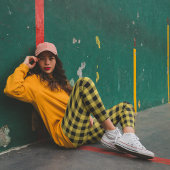 黄色市松模様に レギンス