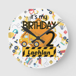 黄色建築トラック車2歳の誕生日 ラウンド壁時計