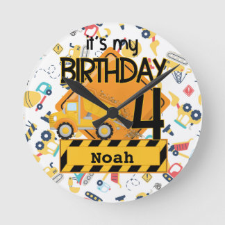 黄色建築トラック車4歳の誕生日 ラウンド壁時計