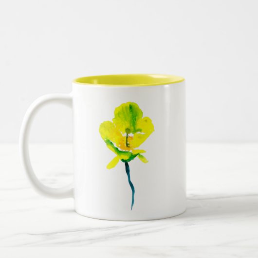 黄色抽象芸術水色ルーズフローラ ツートーンマグカップ (左)
