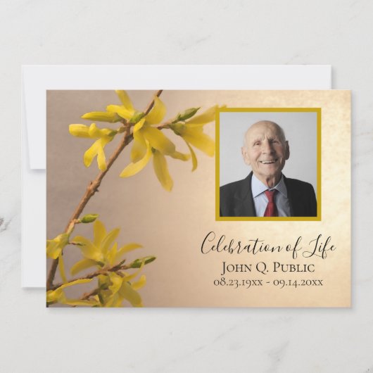 黄色春フォルシンシアフラワーお祝いオブ・ライフ 招待状 (正面)