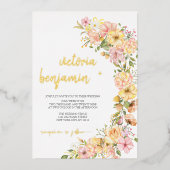 黄色春フローラピンク結婚の花の金ゴールド 箔招待状 (正面)