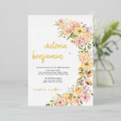 黄色春フローラピンク結婚の花の金ゴールド 箔招待状 (立ち正面)