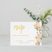 黄色春フローラピンク花RSVP 実在金ゴールド 箔招待状ポストカード (立ち正面)