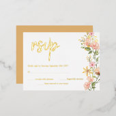 黄色春フローラピンク花RSVP 実在金ゴールド 箔招待状ポストカード (正面/裏面)