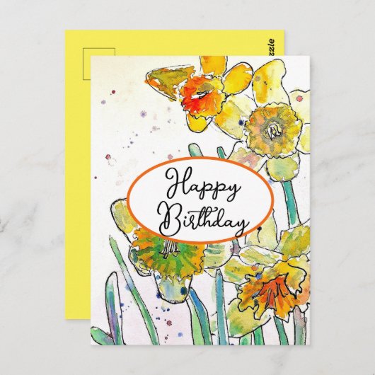黄色水仙の花 水彩画 誕生日 ポストカード (正面/裏面)