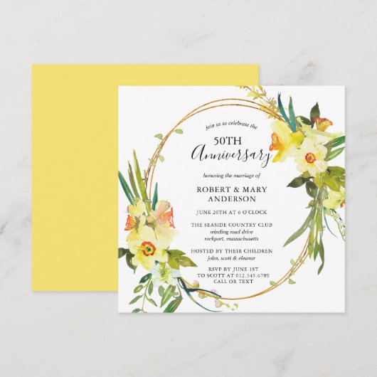 黄色水仙花の花飾り 50周年パーティー 招待状 (正面/裏面)