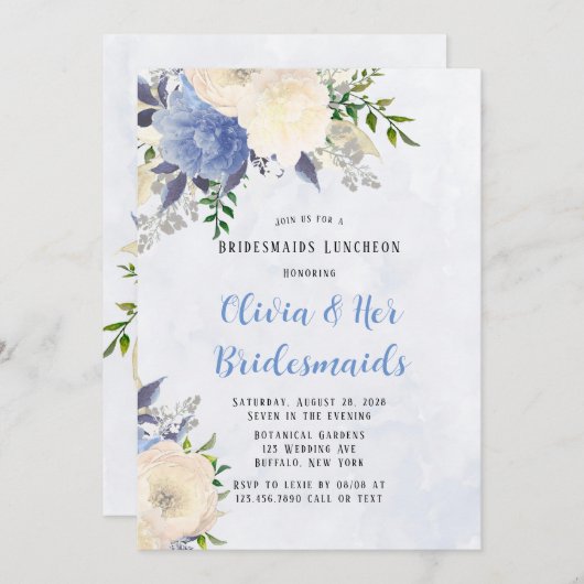 黄色淡い色のほこりっぽい青い牡丹の花嫁の昼食会 招待状 (正面/裏面)