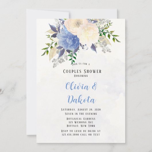 黄色淡い色のほこりっぽい青い牡丹フローラカップルのシャワー 招待状 (正面)