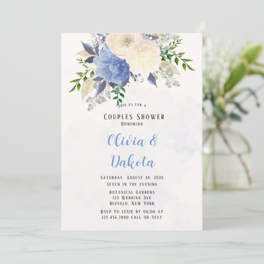 黄色淡い色のほこりっぽい青い牡丹フローラカップルのシャワー 招待状 (スタンド正面)