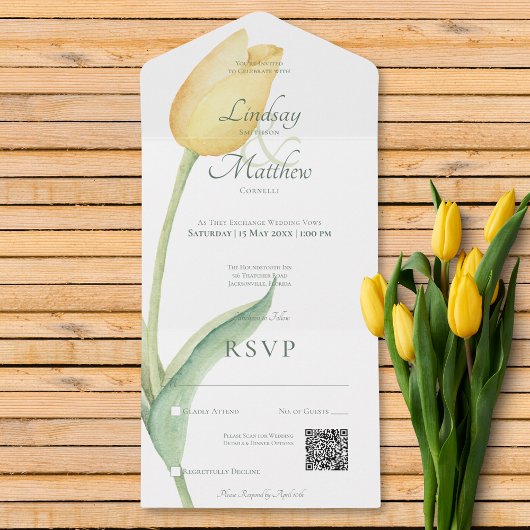 黄色淡い色のチューリップソロピモダンンクQRコード オールインワン招待状