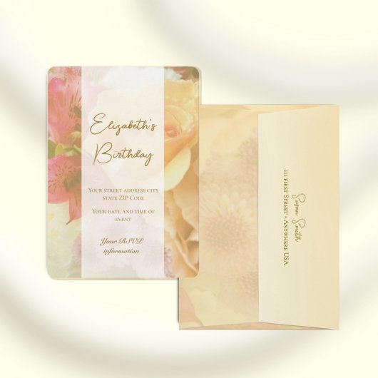 黄色淡い色のバラ誕生日招待状カード サンキューカード