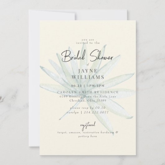 黄色淡い色の熱帯熱フロンドブライダルシャワー 招待状 (正面)